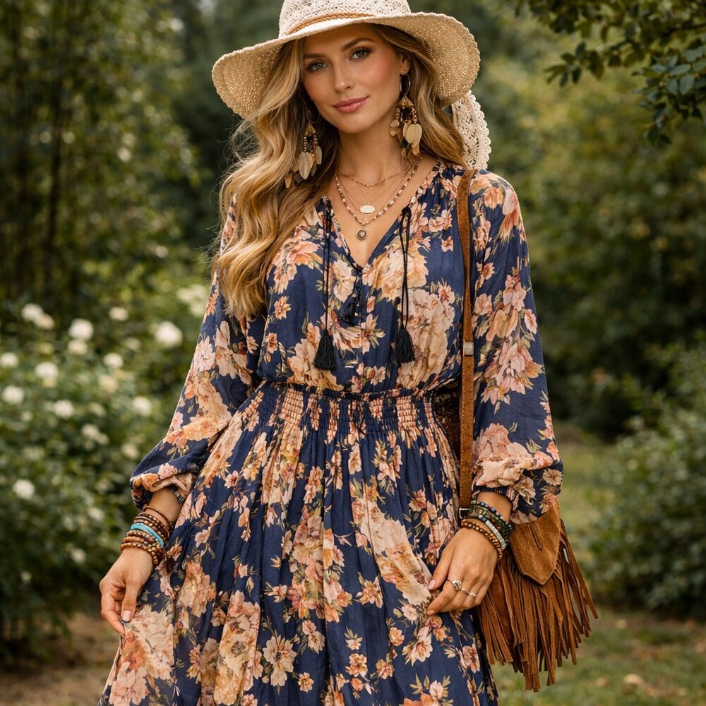 Slate Blue Floral Smocked Midi Dress Elastic Waist Boho Plus Size 0X 14W Spring - Picture 1 of 12